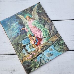 Guardian Angel Print on Wood  Religious Wall Décor  Vintage 1970s? ~ FINAL PRICE